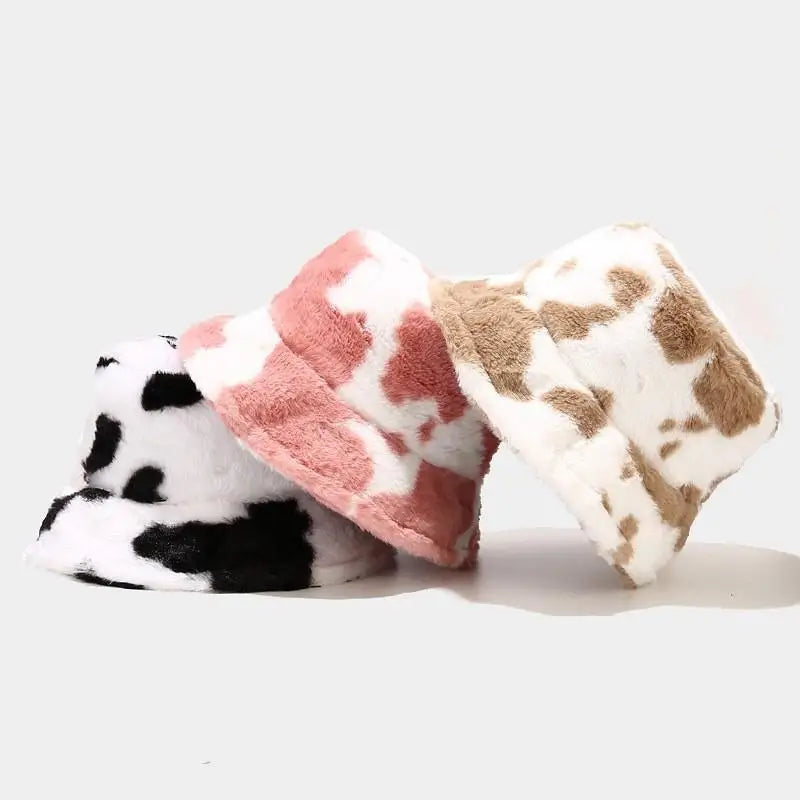 Wholesale Winter Plush Black White Cow Print Fisherman Hats Faux Fur Furry Fluffy Warm Bucket Hat