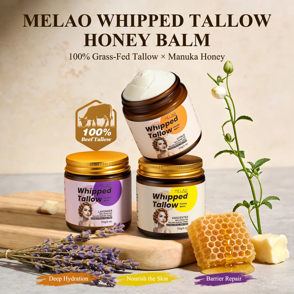 Private Label Skin Care Logo Tallow Skincare Beef Handmade Whipped Tallow Balm With Manuka Honey
