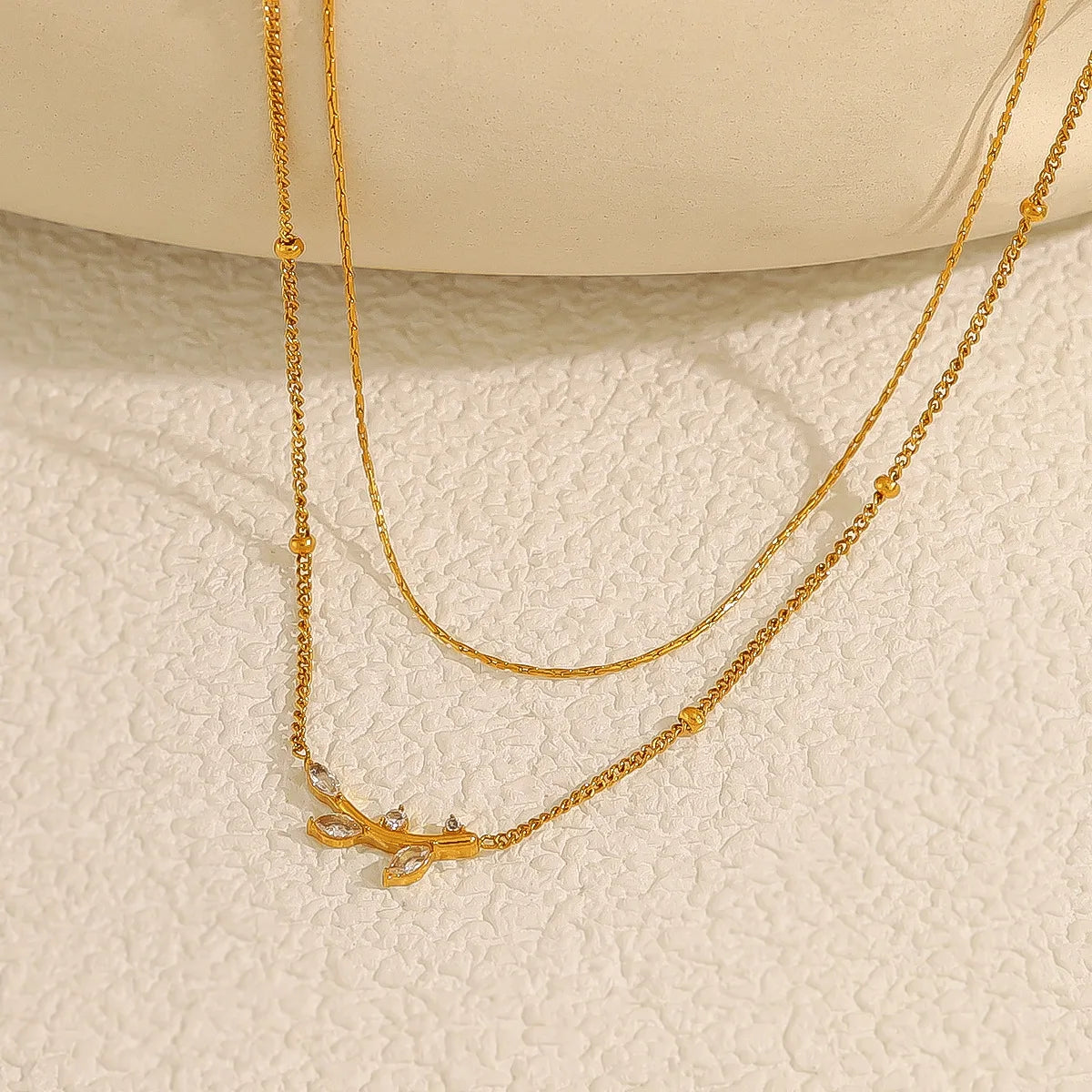 Personalized 18K Gold Plated Double Layer Olive Leaf Branch Zircon Pendant Stainless Steel Necklace