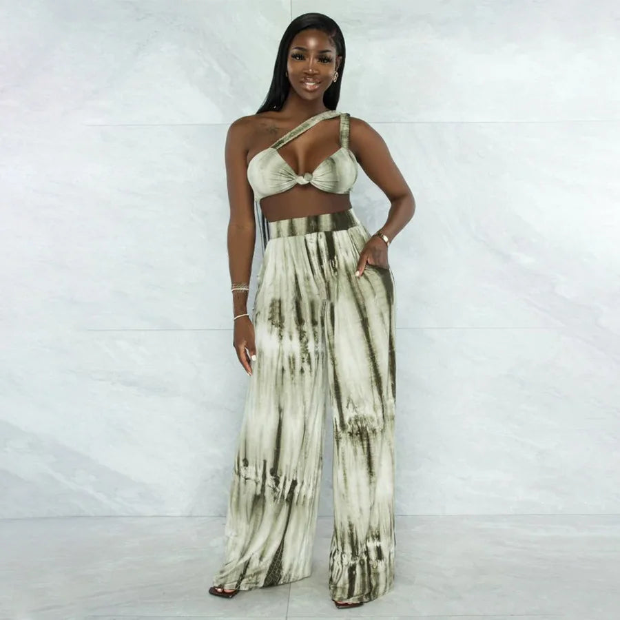 Summer Wholesale Fall Women Clothing Tie Dye Sleeveless Crop Top Lounge Wear 2pcs Pants Set