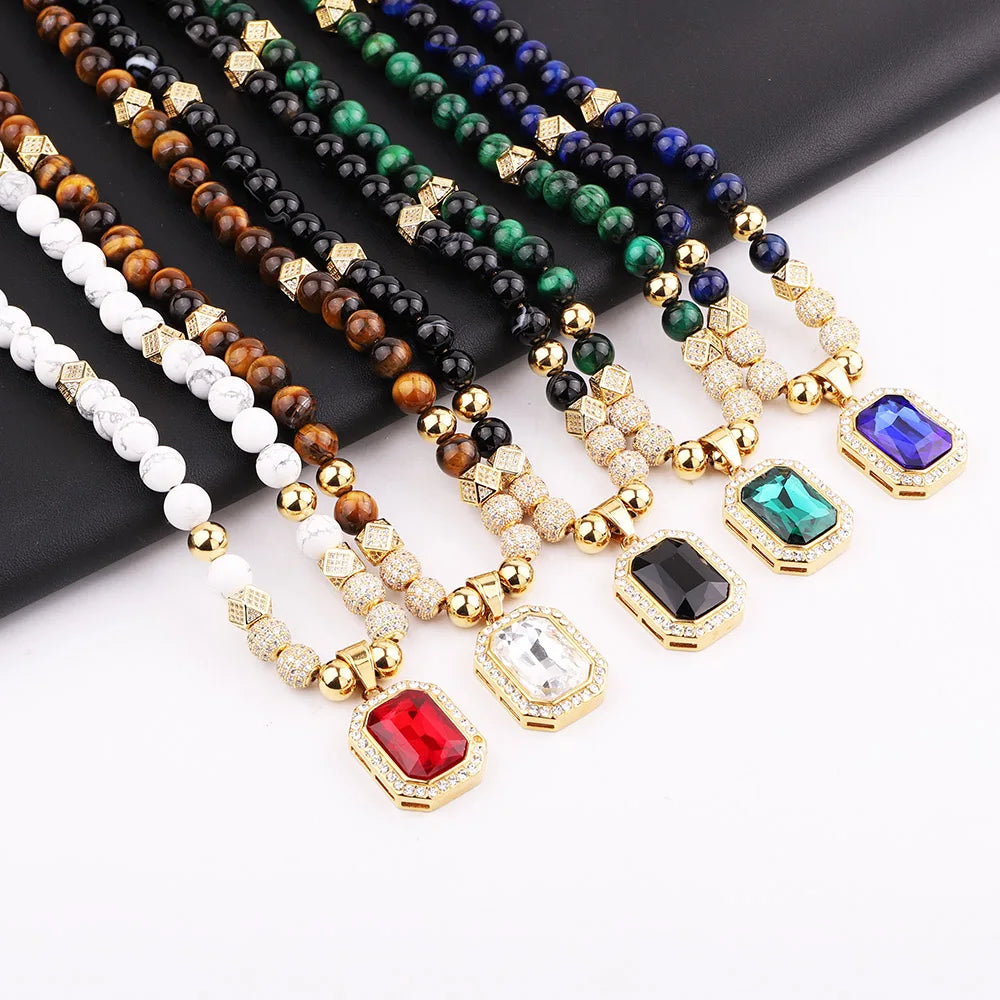 High Quality Hip Hop Style Luxury Design Natural Stone Tiger Eye Gemstone Pendant Necklace Women Men