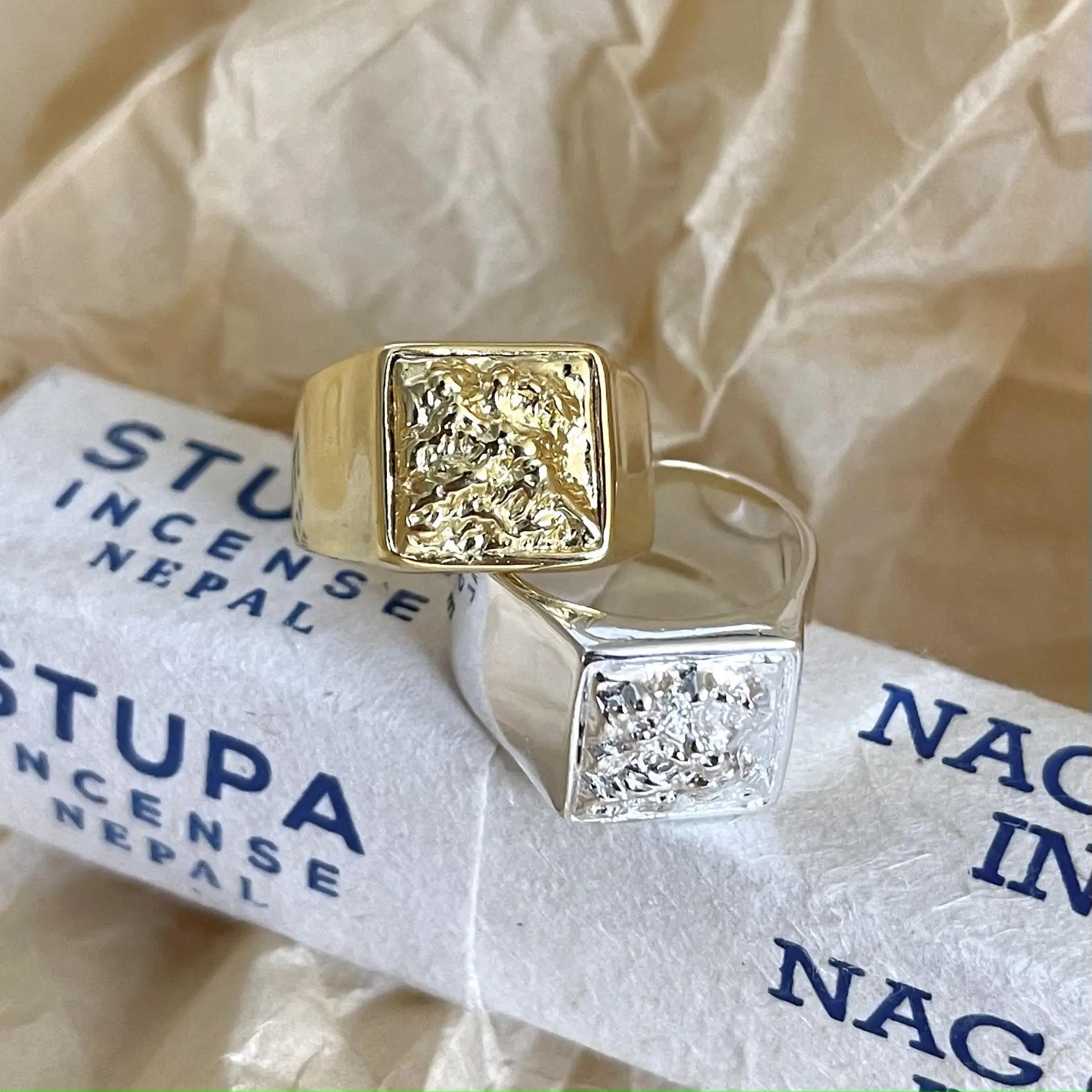 INS 18K Gold Plated Texture Open Ring S925 Sterling Silver Square Hammered Pleated Ring for Women Girls