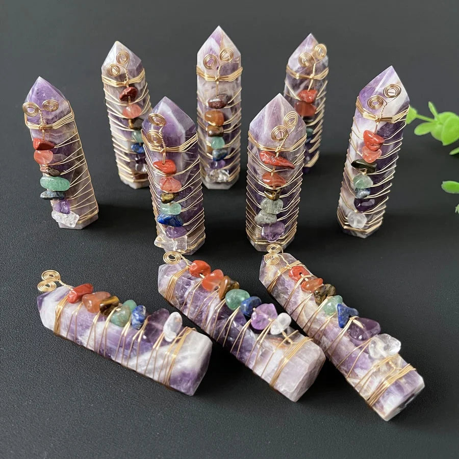 Wholesale Healing Stone Chakra Wrapped Crystal Chips Dream Amethyst Crystal Point Spiritual Tower