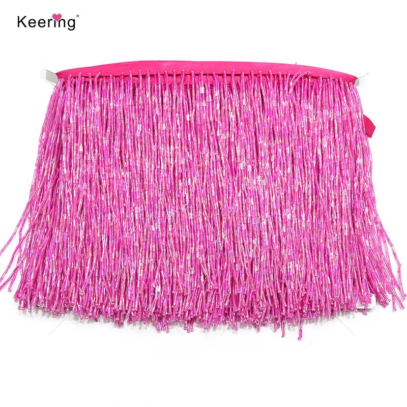 Keering Black and White Long Heave Glass Beaded Tassel Fringe Trim Beaded for Shirts Clothes Jacket Bag Decoration