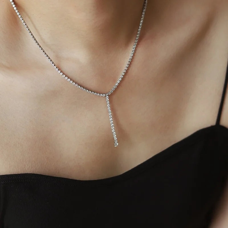 Stainless Steel Silver Shape Tassel Tennis Chain Bejeweled Choker Necklace