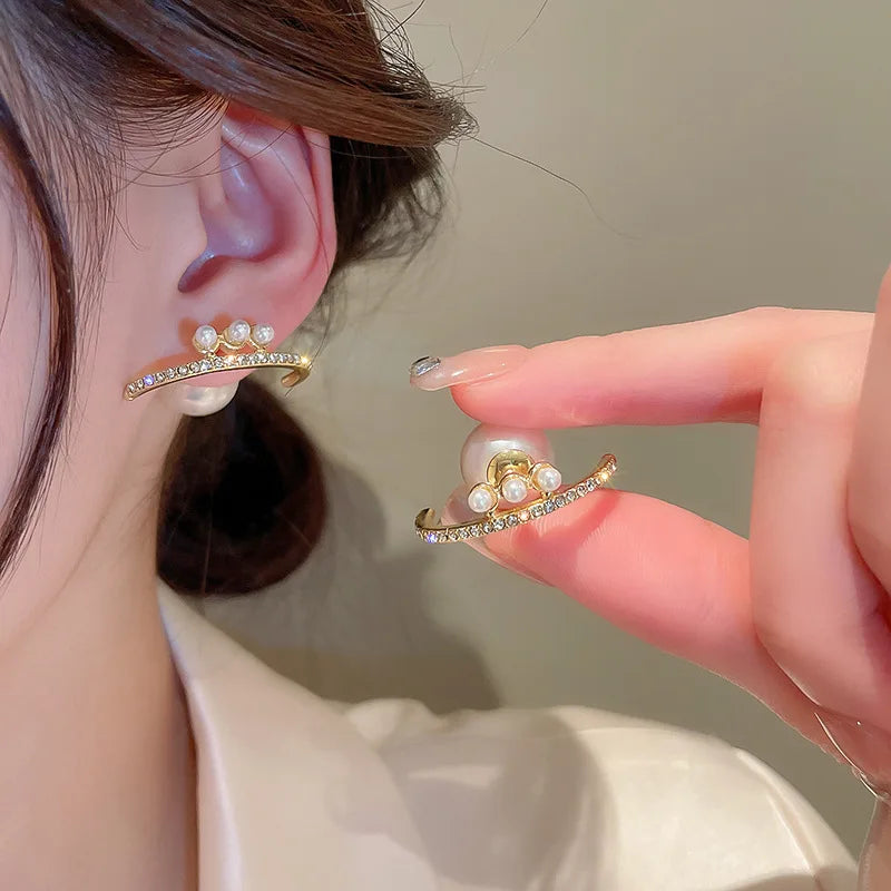 GT S925 Silver Needle Curved Diamond Pearl Earrings for Women Gold Plated Rhinestone Earring