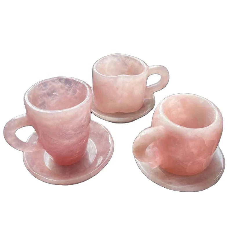 Wholesale Factory Price Customize Hot Sale Natural Healing Rose Quartz Crystal Tea Coffee Cup with Plate for Gift