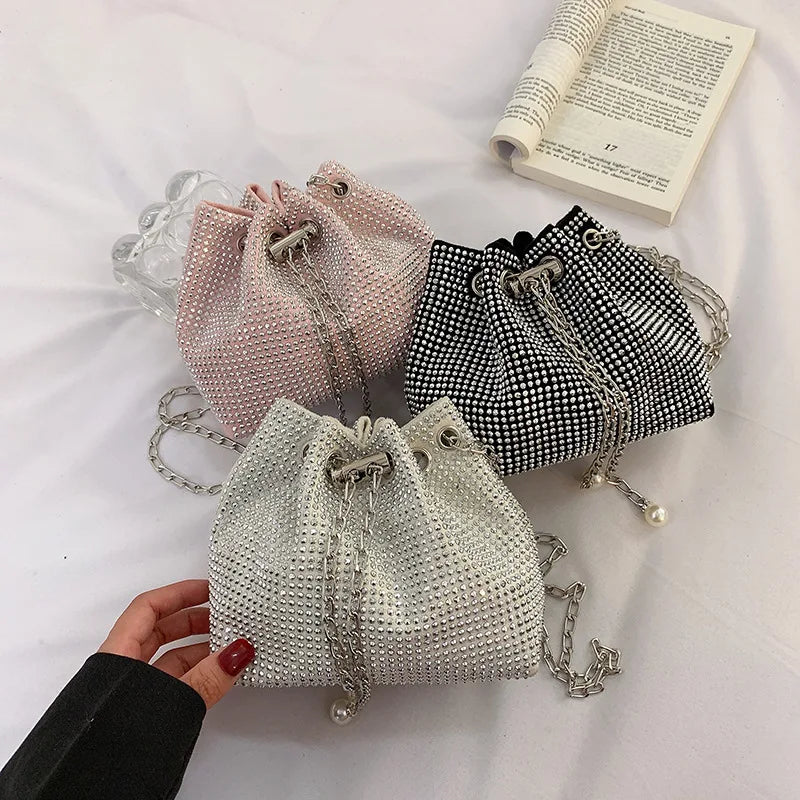 Korean Simple and Sweet Ladies Bright Diamond Small Bag Chain Bucket Messenger Bags