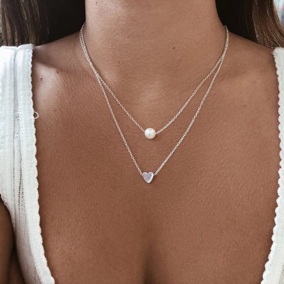 SC Silver Plated Imitation Pearl Heart Pendant Necklace Chain Choker Necklace Double Layer Pendant Necklace for Women