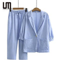 2025 Women's Cotton Linen Suit Set - Spring/Autumn Loose Fit Blazer & Trousers (Casual Office Wear)