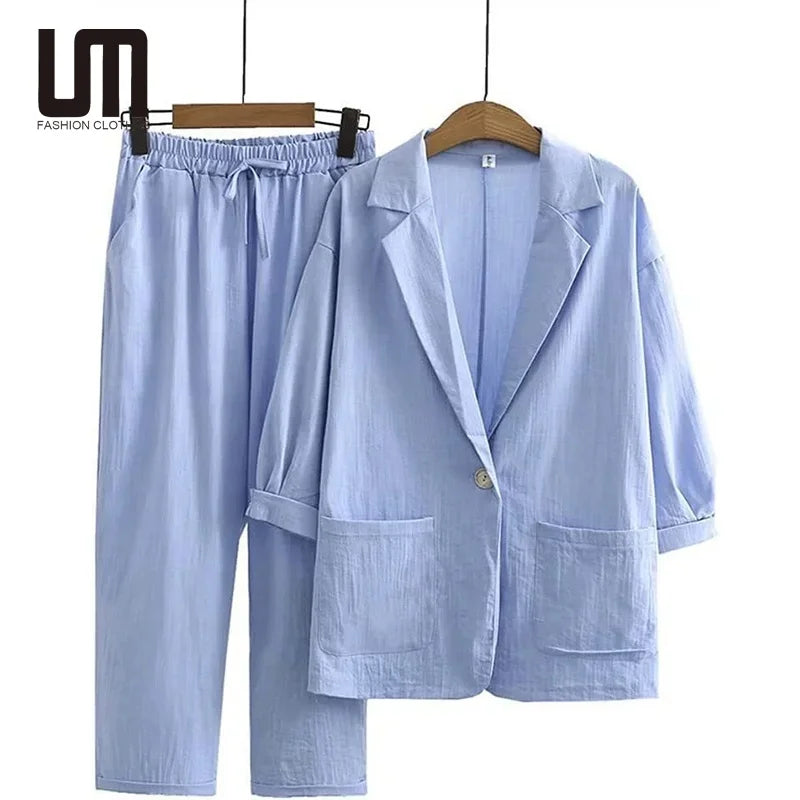 2025 Women's Cotton Linen Suit Set - Spring/Autumn Loose Fit Blazer & Trousers (Casual Office Wear)