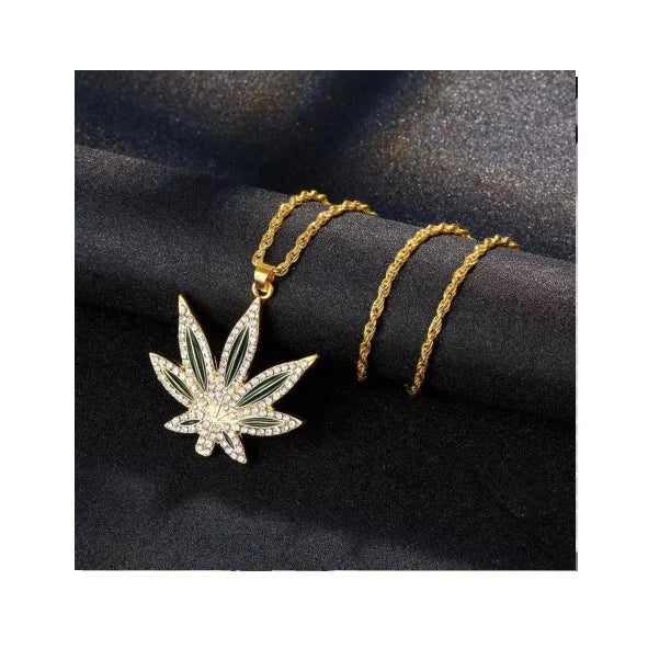 Maple Leaf Necklace Punk Hip Hop Fashion Diamond Hemp Leaf Pendant Necklace for Women Men Jewelry Gift Wholesale Collares
