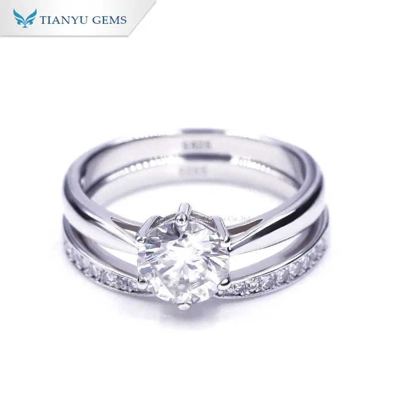 Tianyu Gems VVS Moissanite 1ct Wedding Ring Set 18K White Gold Plated 925 Sterling Silver Engagement Rings