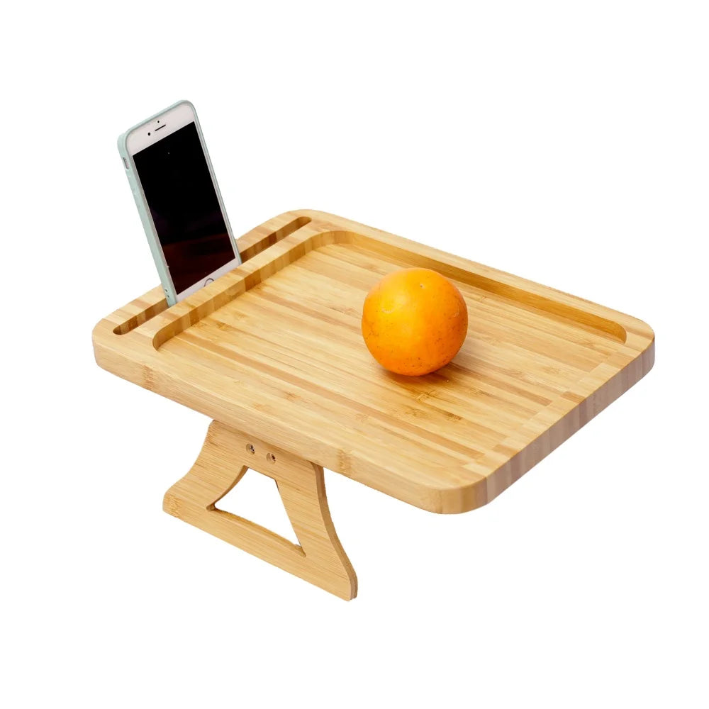 Wholesale Portable Sofa Arm Table for Wide Couches Bamboo Wood Rustic Design Customizable Size Clip on Tray Sofa Armrest Tray