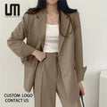 Custom Your Brand Logo Women Casual Chic Loose Single Breasted Office Lady Elegant Blazers Coats and Trousers Set