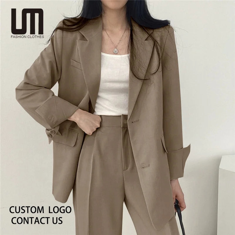 Custom Your Brand Logo Women Casual Chic Loose Single Breasted Office Lady Elegant Blazers Coats and Trousers Set
