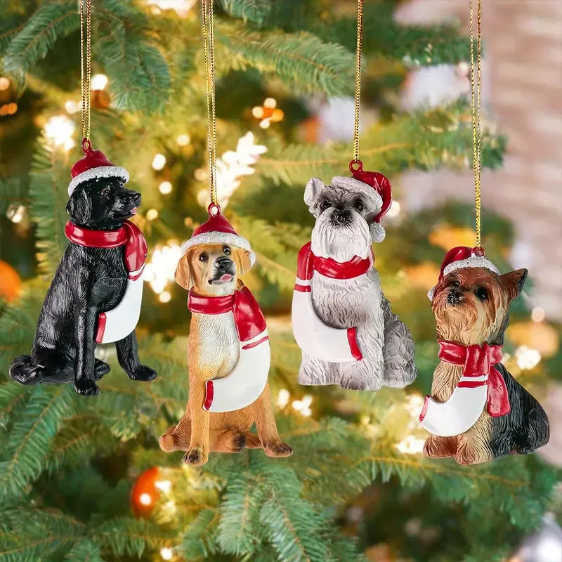 Christmas Dog Ornament Set with Santa Hats Resin Hanging Decor with Labrador Retriever Schnauzer and Yorkshire Terrier Designs