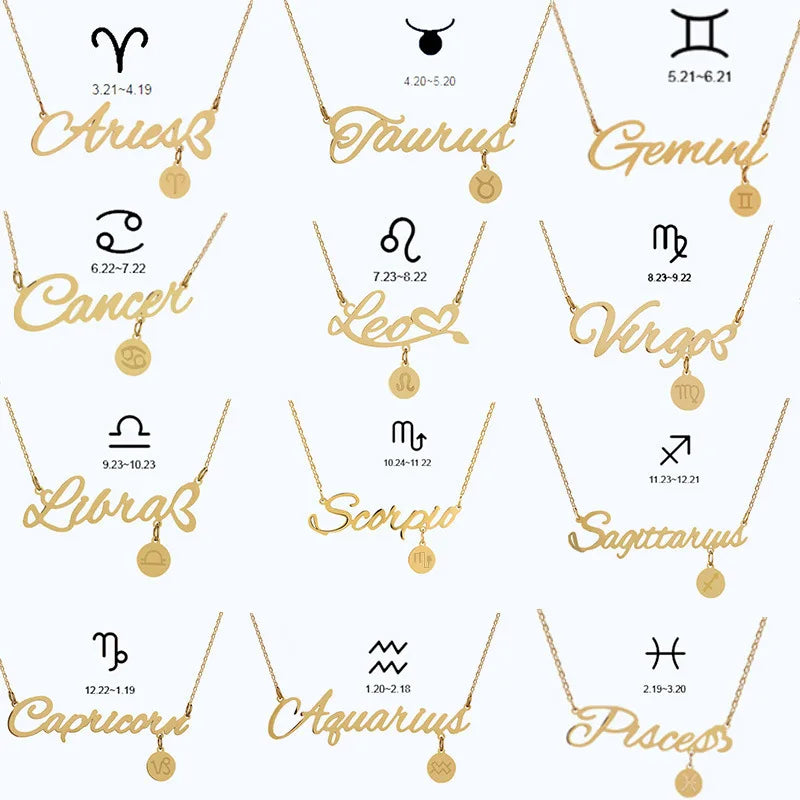 Non Tarnish 18k Gold Jewelry Stainless Steel Zodiac Sign Zircon Charm Necklace