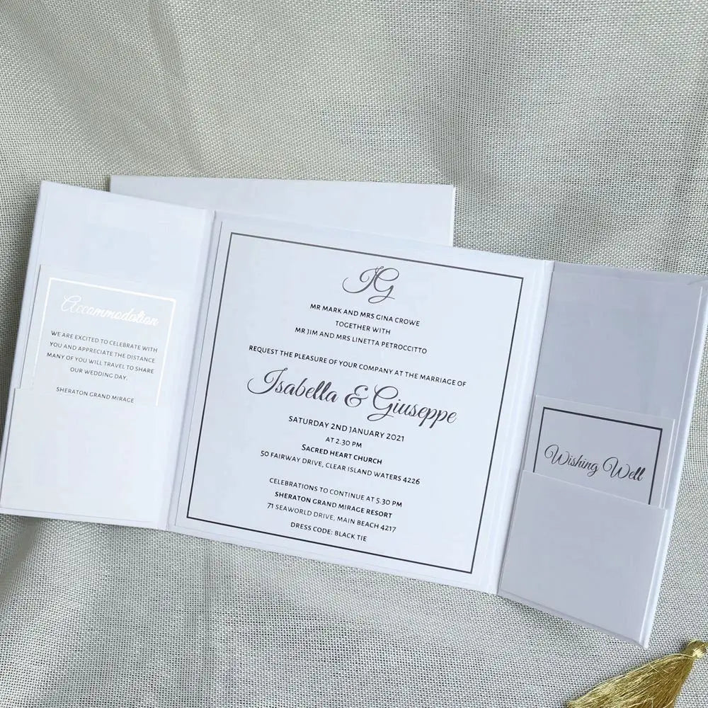 White and Silver Gate Fold Invitations Hard Cover Wedding Card