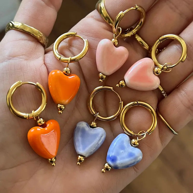 Instagram Fashion 18K Gold Plated Stainless Steel Hand Painted Ceramic Heart Hoops Earring
