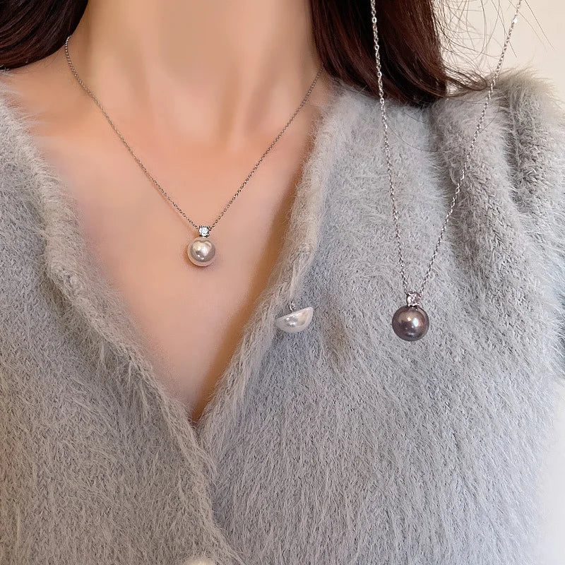 Gray Pearl Necklace for Women Light Luxury Niche High-end Simple Zircon Pendant Clavicle Chain Sweater Chain Accessories