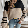 Long Sleeve Striped Oversized Autumn Casual Crew Neck Knitted Pullover Sweater with Front Logo Color Block Drop Shoulder
