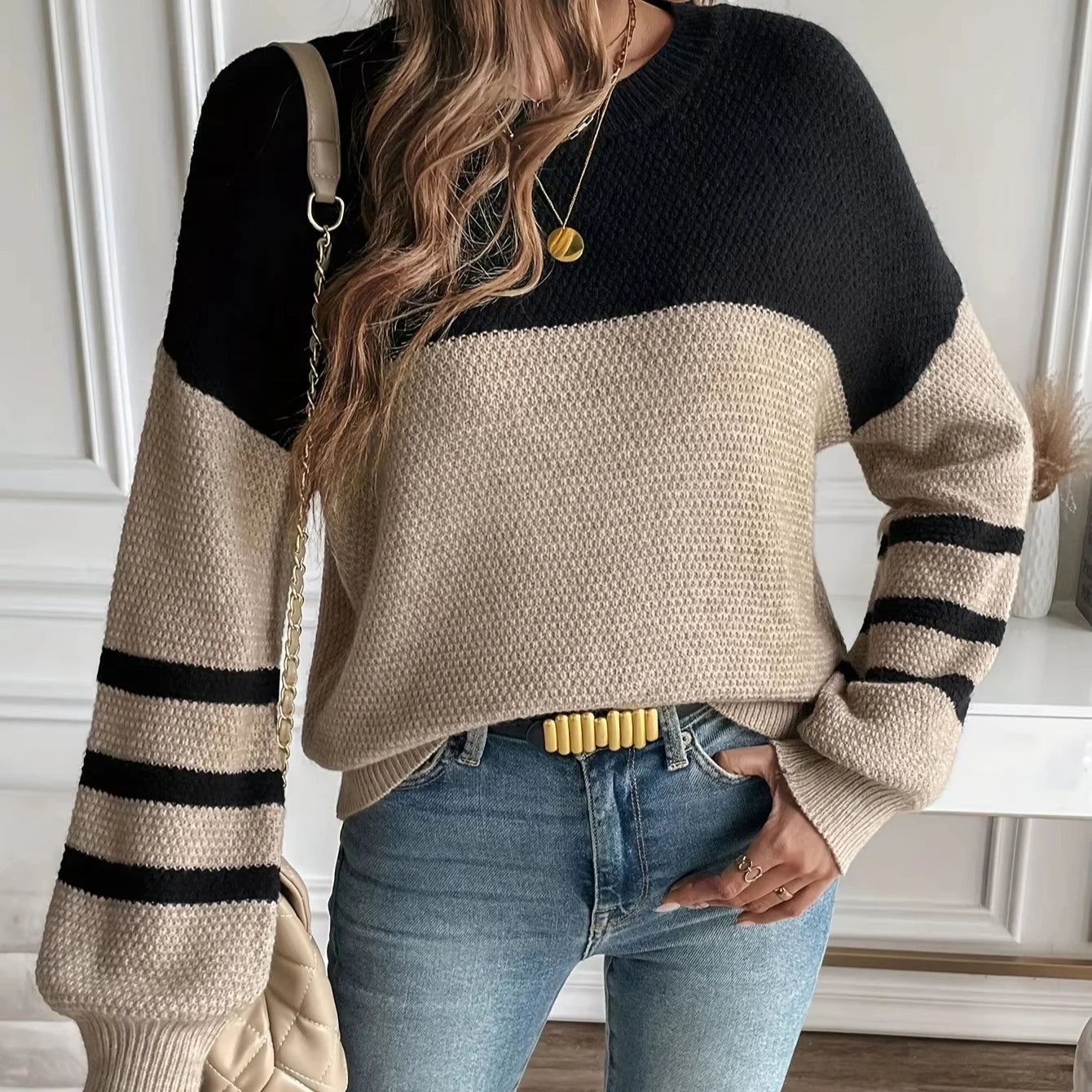 Long Sleeve Striped Oversized Autumn Casual Crew Neck Knitted Pullover Sweater with Front Logo Color Block Drop Shoulder