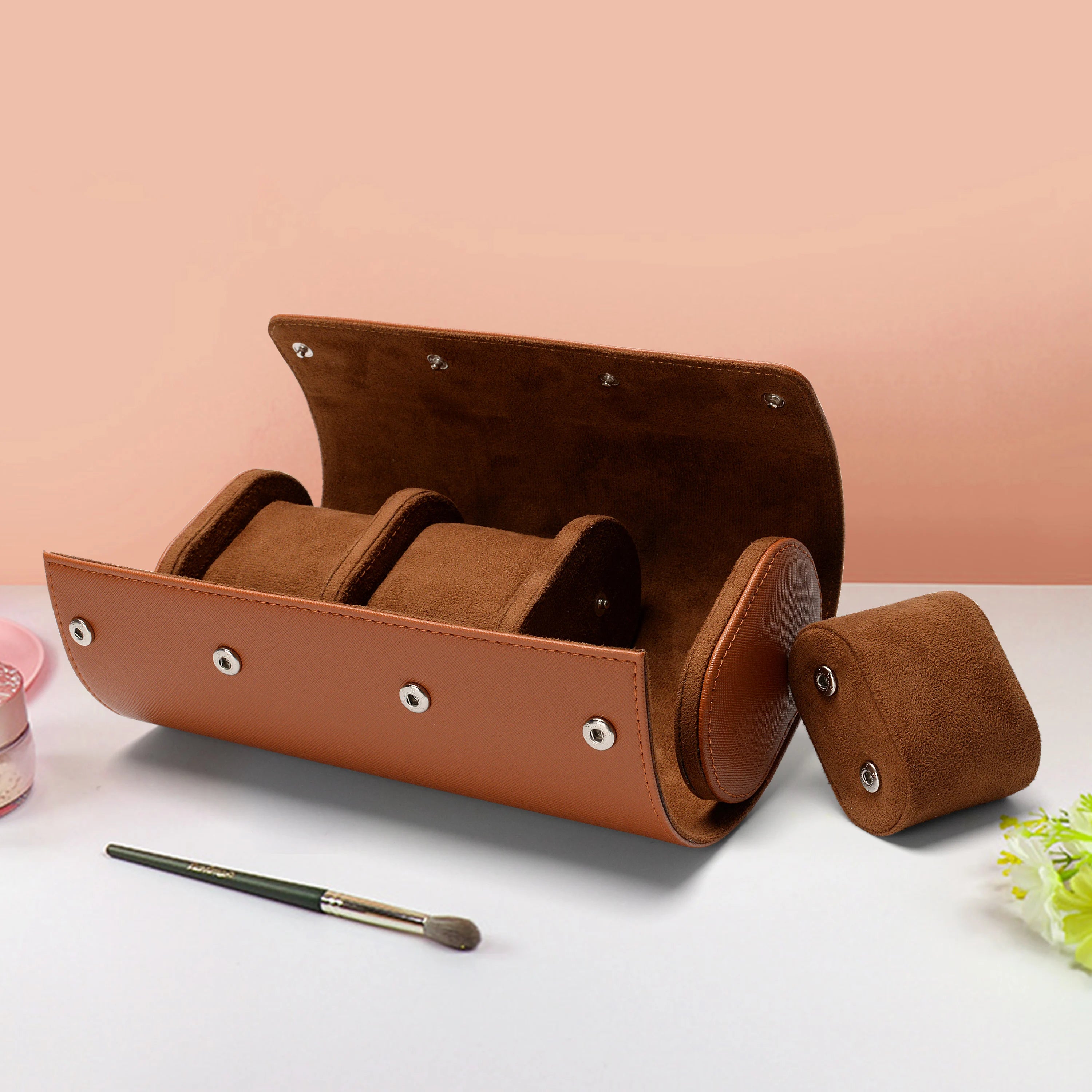 3 Slot Watch Roll for Women Vegan Leather Travel Case with Individual Snap in Pillows Jewelry Organizer Display Fine Timepieces