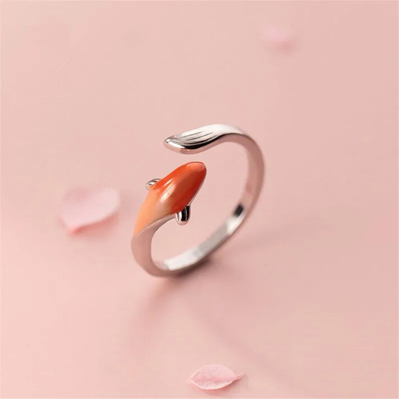 SC Hot Sale Chinese Open Flower Lotus Rings Simple Silver Fish Rings Fashion Lucky Koi Rings for Girls