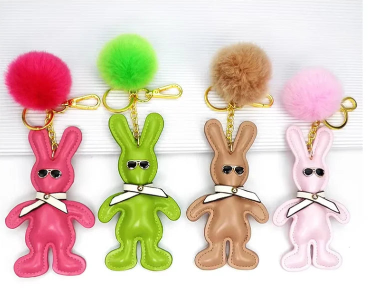 New Custom Fluffy Rabbit Plush Key Chain Pompom Keyring Bag Charm Car Keychain Luxury Animal Leather Keyc