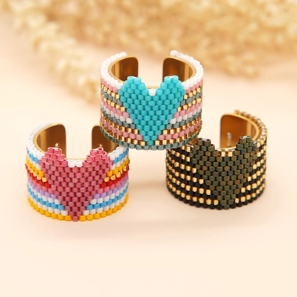Go2Boho Bohemian Colorful Beaded Ring Women Handmade Woven Stainless Steel Heart Boho Girl Gift Fashion Jewelry Miyuki Bead Ring