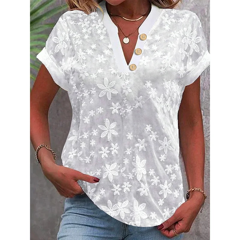 RNSHANGER Summer Cropped Shirt Casual White Lace Blouse  Eyelet Cut Embroidery Top Wear Hollow Out Women's Blouse
