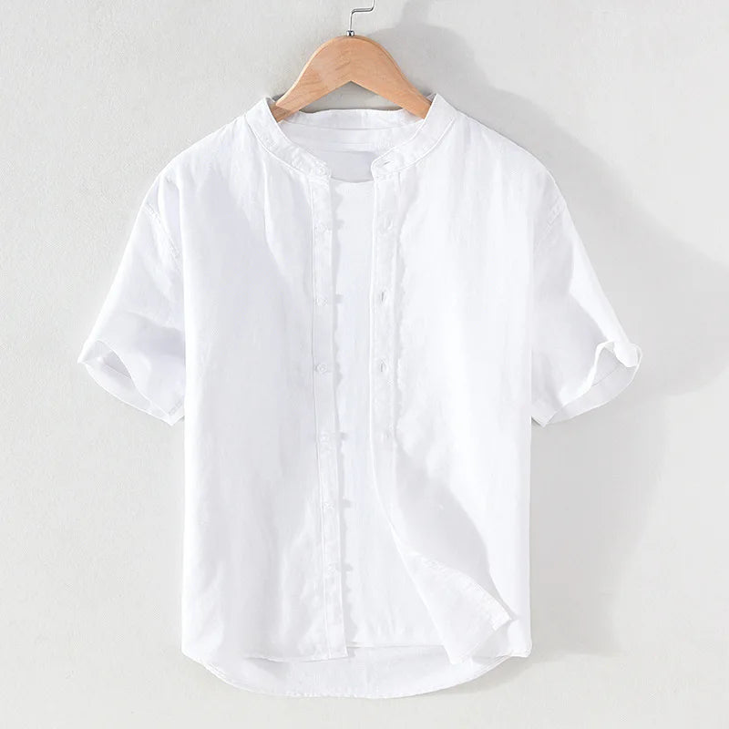 Mandarin Collar Cotton Casual Men Shirt Short Sleeve Button Down Regular Fit Shirts Clothes Shirts Men