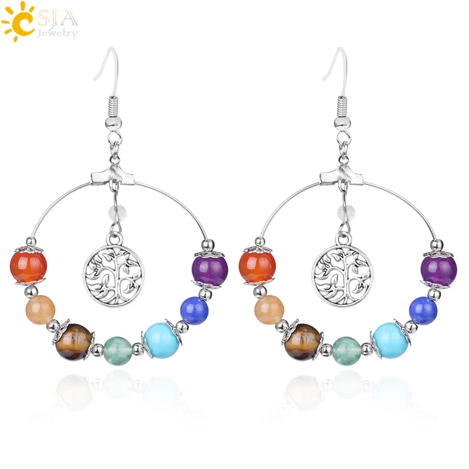 CSJA 7 Chakra Tree of Life Natural Round Gem Stone Bead Women Drop Earrings Reiki Healing Bohemian Jewelry E769