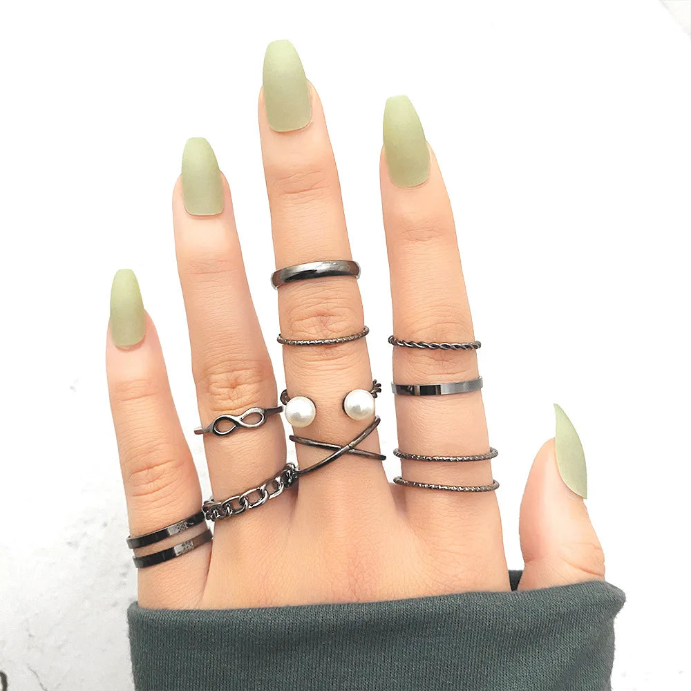 Pearl Double Hollow Figure 8 Open Adjustable Ring Set Wavy Pearl Open Knuckle Ring Set Geometric Mid Rings