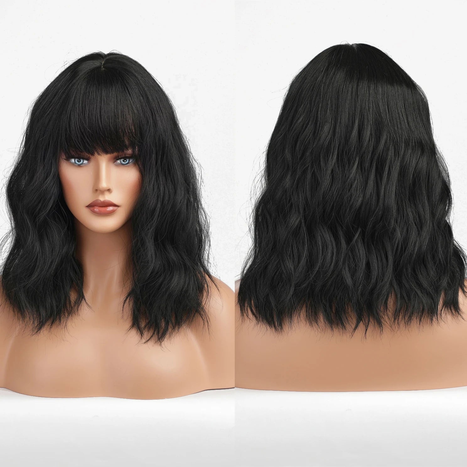 Factory Inventory Delivery Synthetic Water Wave Black Wigs with Bangs Daily Short Bobo Wig for Black White Women