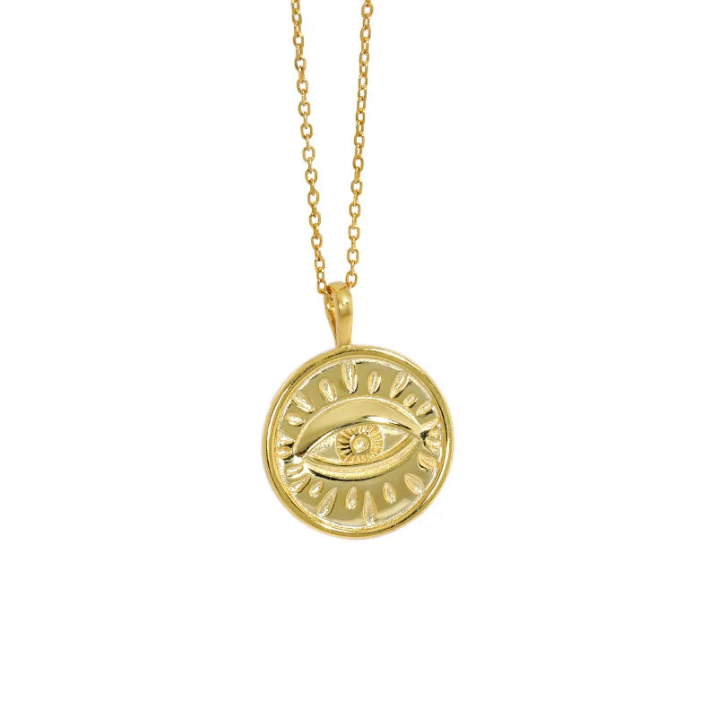 VIANRLA 925 Sterling Silver Lazy Feeling 18k Gold Plated Engraved Eye Coin Necklace