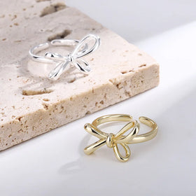 Open Cute Ribbon Bowknot Rings Classic Gold Silver Bow Ring Adjustable for Women Girls Gift
