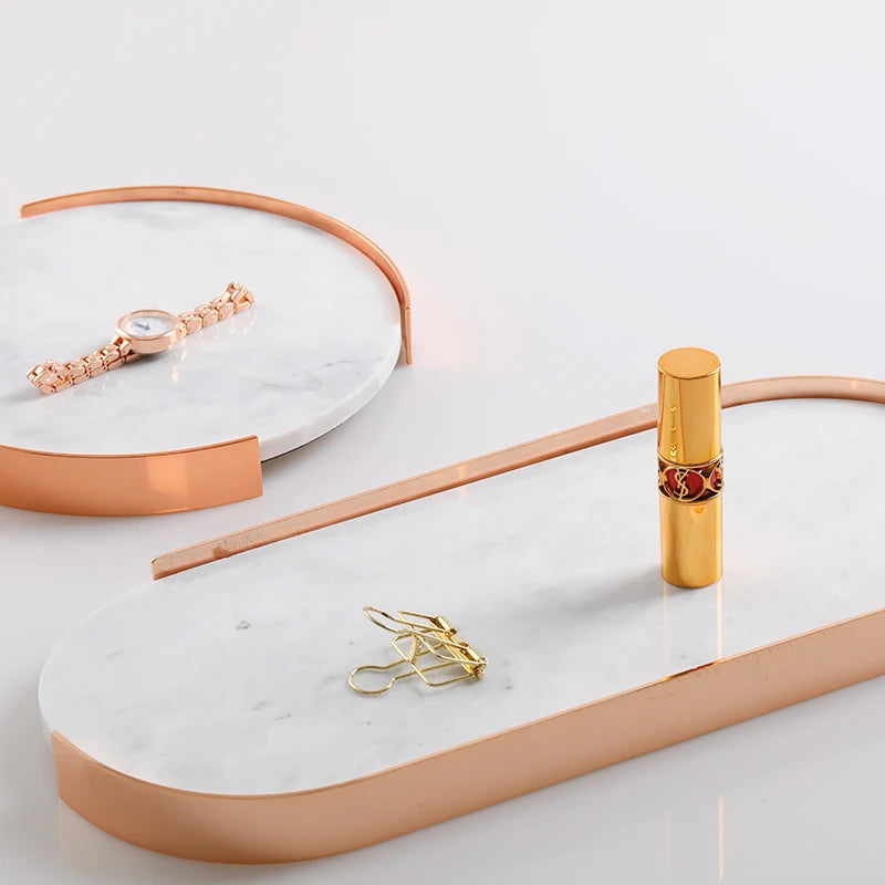 Wholesale Nordic Style Marble Stone Jewellery Tray With Handle 100% Natural Marble Decorative Trays With Metal Frame