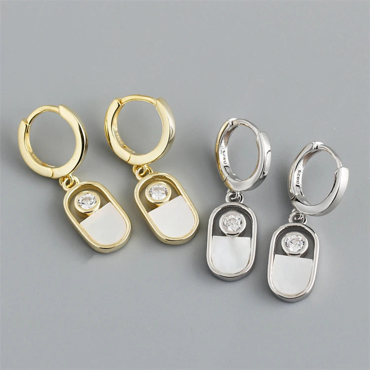 New Trendy White Shell Stone Diamond Zircon 18k Gold 925 Sterling Silver Hoop Earrings For Women