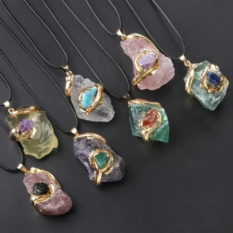 AA016352 Irregular Healing Crystal Natural Stone Fluorite Rose Quartz Amethyst Necklace Gemstone Raw Stone Necklace Gift