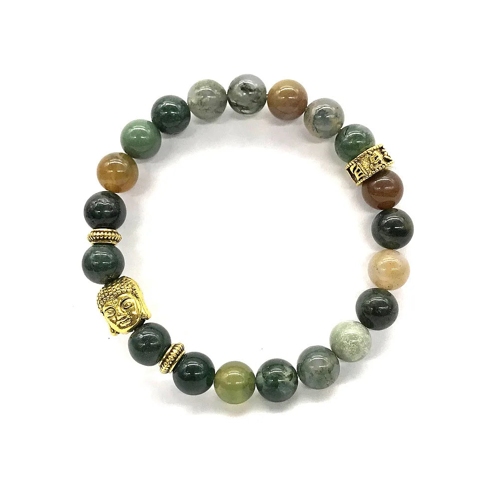 Indian Onyx Bracelet Gold Plated Buddha Head Bracelet Six Characters Mantra Volcanic Stone Bracelet for Women Girls