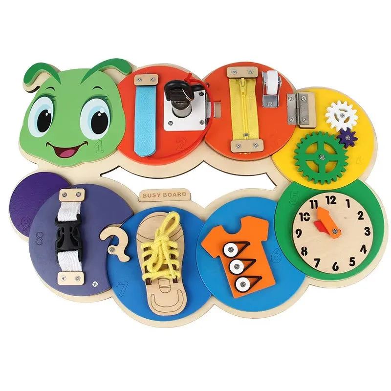 Montessori Children Autism Wooden Multi-function Caterpillar Activity Busy Board Educational Fidgety Sensory Toys for Kids