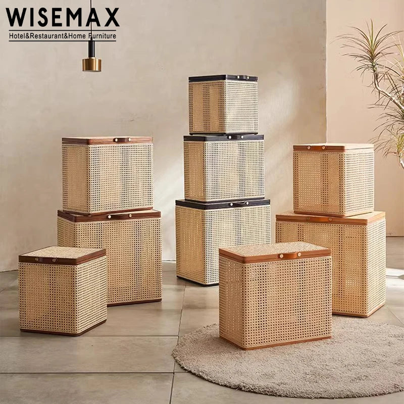 WISEMAX FURNITURE Nordic Apartment Home Solid Wood Rattan Coffee Table Creative Rectangle Storage Box Minimalist Home Ottoman