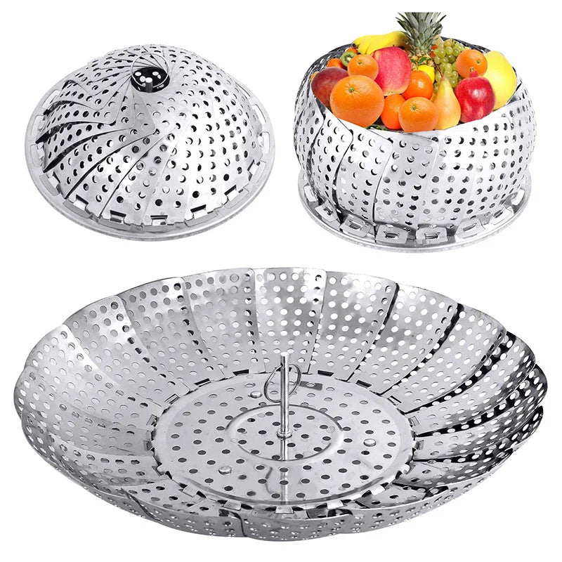 Multi-Function Eco-Friendly Retractable Folding 2-Layer Stainless Steel Steamer Basket Tray Lotus Steaming Rack for Kitchen Use