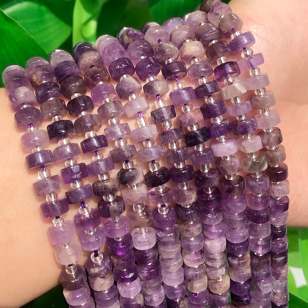 Wholesale Flat Round Natural Amethyst Stone Beads Wheel Beads for DIY Bracelet Making