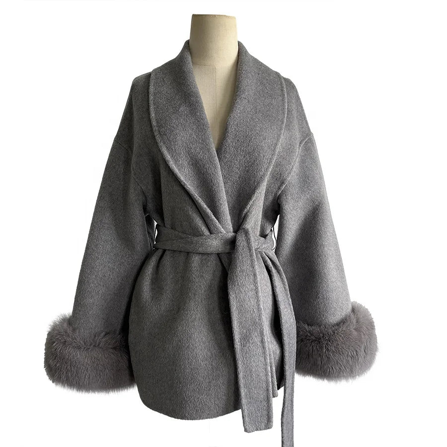 QC23050 New Arrival High Quality Breathable Winter Long Cashmere Wool Cardigan Coat with Detachable Fox Fur Cuffs