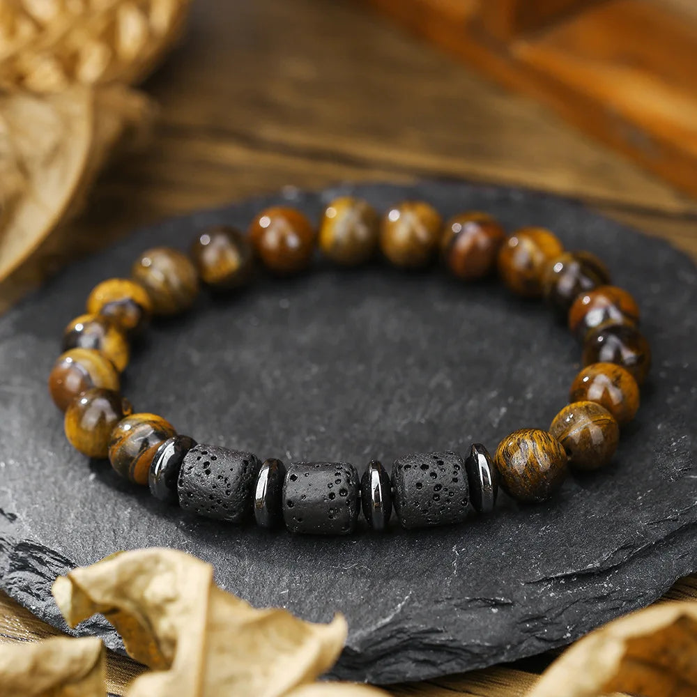 Wholesale Fashion Personalize Rectangle Tube Bucket Stone Bead Lava Stone Tiger Eye Bracelet for Men