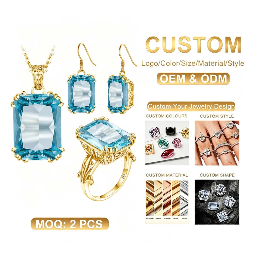 Szjinao Real 925 Sterling Silver Sky Blue Aquamarine Vintage Engagement Anniversary Pendant Earrings Ring Set MegaBDM