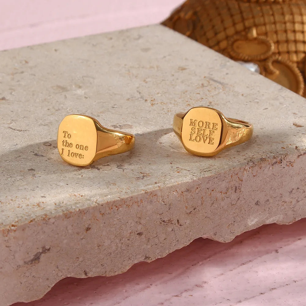 Duoying Gold Plated Blank Signet Ring for Woman Stamped Jewelry Stainless Steel Name Text Logo Engraved Letter Ring